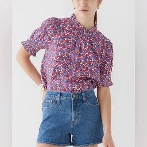J. Crew Smocked Linen Puff Sleeve Top in Berry Floral Size M